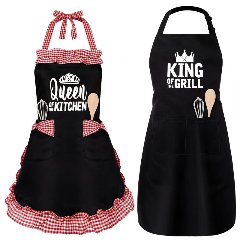 Cotwinter King & Queen Aprons Gift for Couple His and Her Anniversary Bridal Shower Wedding Engagement Kitchen Gift(Black and Red) - Image 1