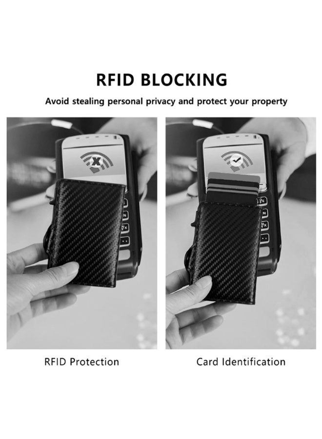حامل البطاقة محفظة للرجال ، ألياف الكربون الأسود RFID حجب الجانب دفع محفظة البطاقة المنبثقة مع مقصورة الأوراق النقدية ، نافذة الهوية ، جيب العملة للنقود وبطاقات الائتمان - Image 4
