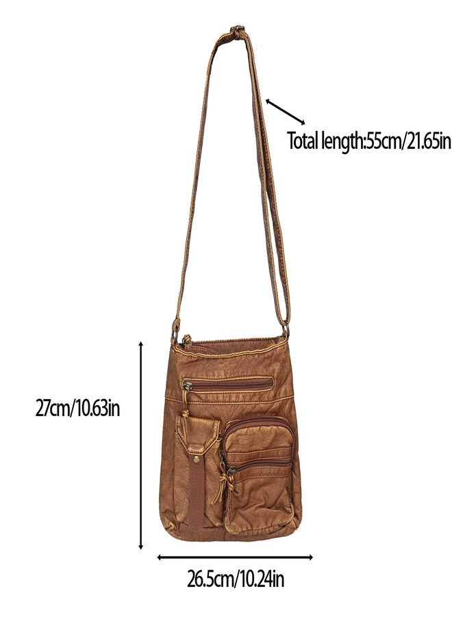 FVCENT Crossbody Bag Soft Washed Faux Leather Multi Pocket Wallet Handbag Unisex Adjustable Shoulder Strap Single Brown Shoulder Bag - Image 2