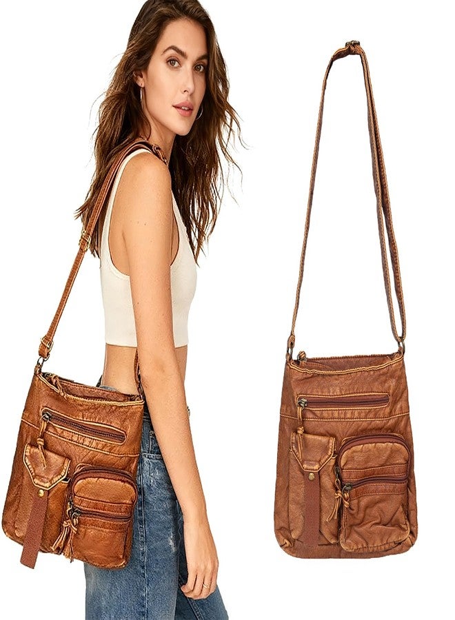 FVCENT Crossbody Bag Soft Washed Faux Leather Multi Pocket Wallet Handbag Unisex Adjustable Shoulder Strap Single Brown Shoulder Bag - Image 4