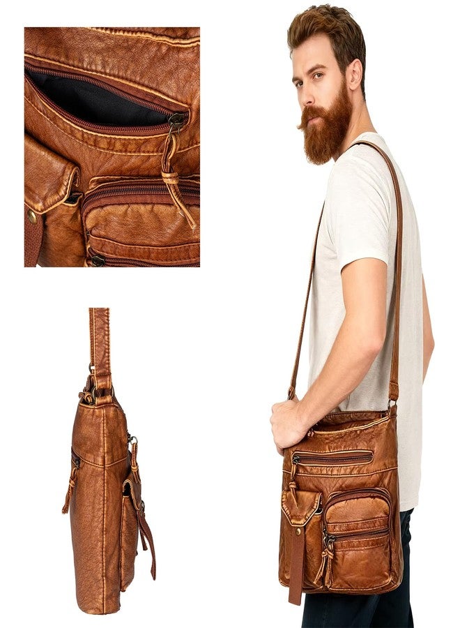 FVCENT Crossbody Bag Soft Washed Faux Leather Multi Pocket Wallet Handbag Unisex Adjustable Shoulder Strap Single Brown Shoulder Bag - Image 3