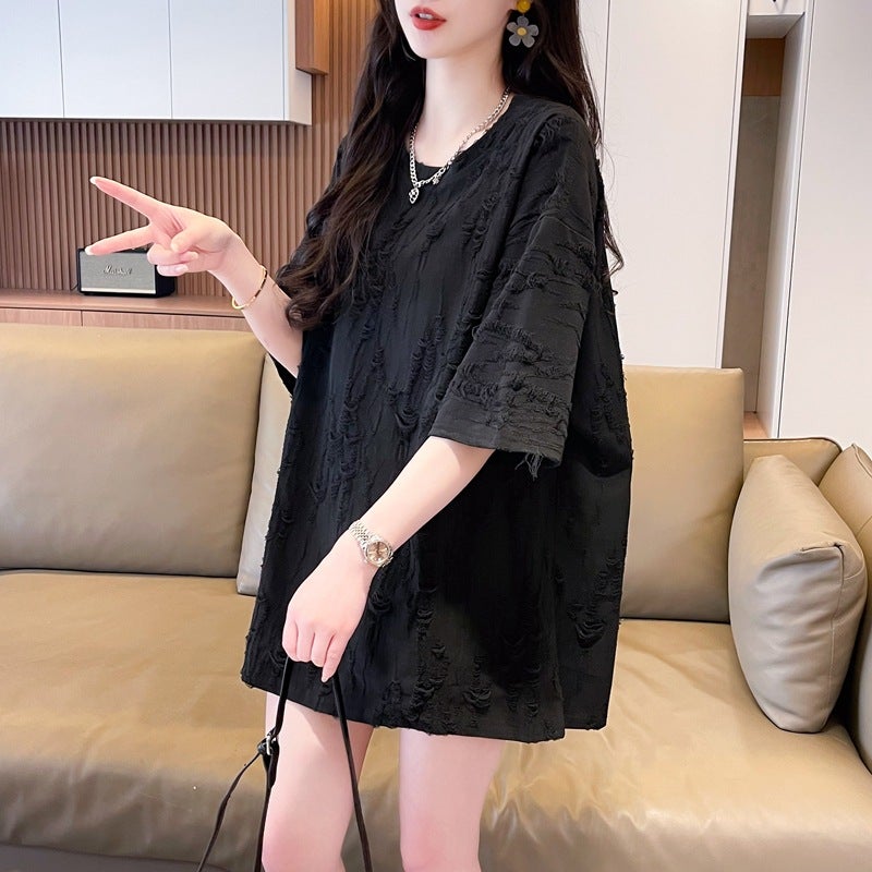 Back Collar Summer Mid-Length Cut Out Short-Sleeved Ripped T-Shirt For Women Style Fashionable Butt-Covering Top - Image 1