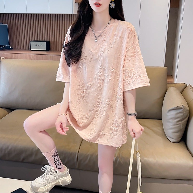 Back Collar Summer Mid-Length Cut Out Short-Sleeved Ripped T-Shirt For Women Style Fashionable Butt-Covering Top - Image 2
