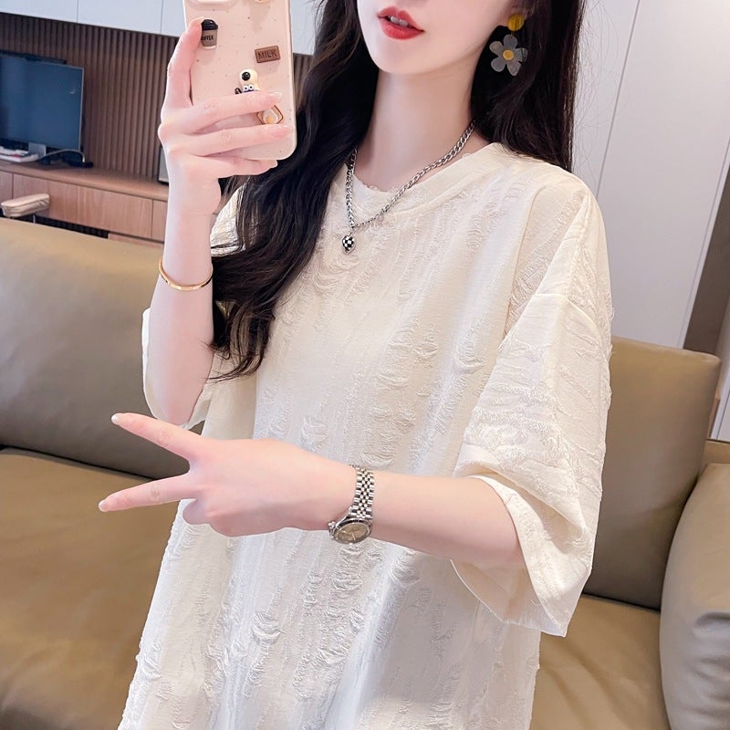 Back Collar Summer Mid-Length Cut Out Short-Sleeved Ripped T-Shirt For Women Style Fashionable Butt-Covering Top - Image 4