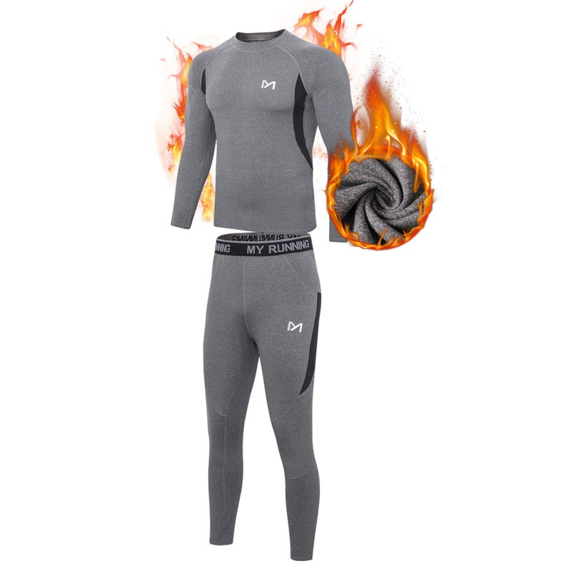 MEETYOO Thermal Underwear for Men, Winter Gear Long Johns Base Layer Top and Bottom Set for Skiing Running, Grey, X-Large - Image 1