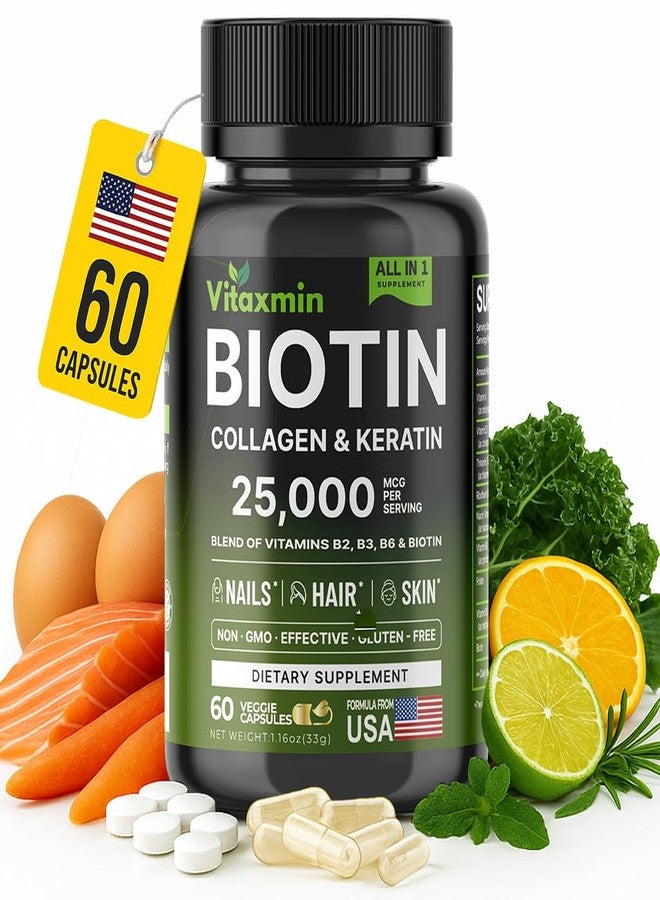 vitaxmin بيوتين 10000 ميكروغرام مع الكولاجين والكيراتين وحمض الهيالورونيك - فيتامينات لنمو الشعر للنساء والرجال - فيتامينات للشعر والبشرة والأظافر مع مجموعة فيتامينات ب - 60 كبسولة - Image 1