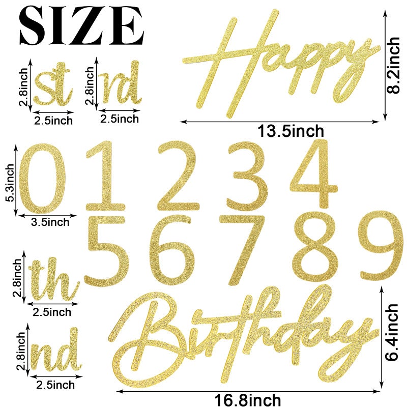 MASTRON Happy Birthday with 0-9 Numbers Sign for Backdrop - Glitter Felt Custom Age Happy Birthday Decal for Balloon Arch Birthday Decorations Baby Shower - Gold - Image 2