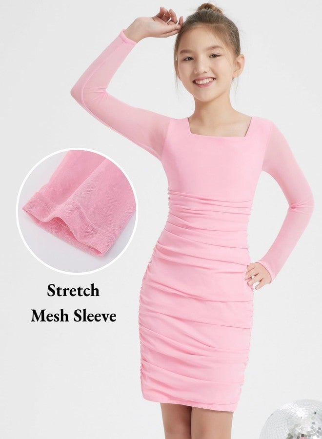 EXARUS Girls Formal Long Sleeve/Spaghetti Strap Dress Teen Party Dance Tween Bodycon Ruched Prom Fitted Cute Dresses, Long Sleeve Pink, 8 Years - Image 5
