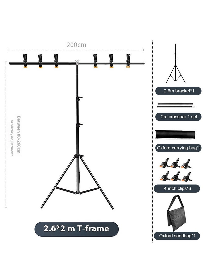Glanfen - T-Shape Backdrop Support Stand (2.6*2m), Adjustable Photography Background Support Kit with 6 Backdrop Clamps,1 Sandbags and Carrying Bag for Parties/Wedding/Photography - Image 1