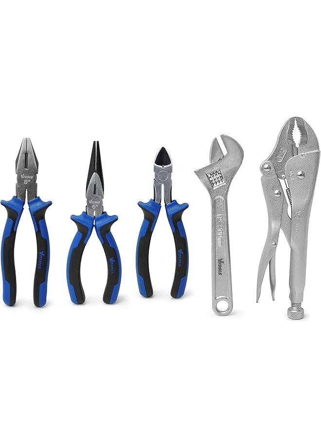 VTOOLS 5 Piece Plier And Wrench Set 8 Inch Combination Plier 6 Inch Long Nose Plier 6 Inch Side Cutting Plier 10 Inch Locking Plier 8 Inch Adjustable Wrench Vt2167 - Image 1