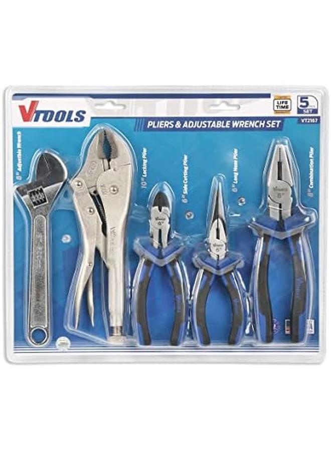 VTOOLS 5 Piece Plier And Wrench Set 8 Inch Combination Plier 6 Inch Long Nose Plier 6 Inch Side Cutting Plier 10 Inch Locking Plier 8 Inch Adjustable Wrench Vt2167 - Image 4