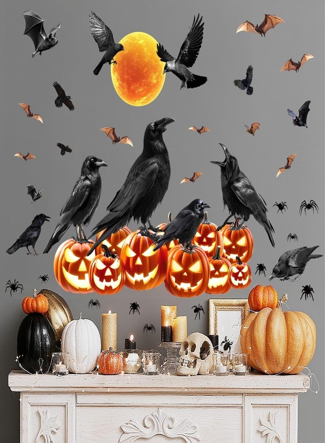 Kazova Halloween Crow Wall Stickers Moon Bat Wall Window Decals Black Bats Pumpkin Raven Crow Spider Wall Decals Removable Halloween Walls Decorations Holiday Crows Window Stickers Party Supplies - Image 1