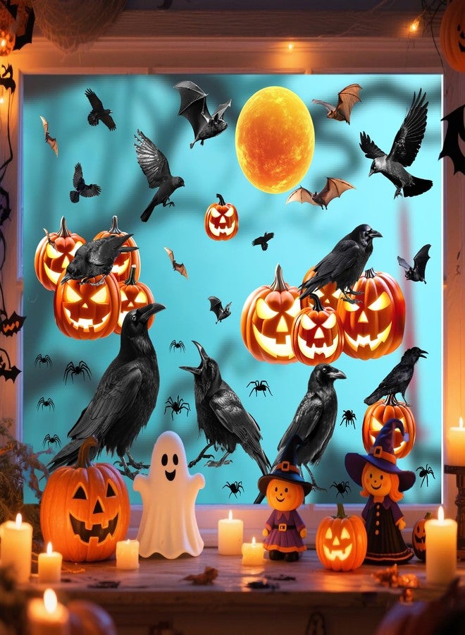 Kazova Halloween Crow Wall Stickers Moon Bat Wall Window Decals Black Bats Pumpkin Raven Crow Spider Wall Decals Removable Halloween Walls Decorations Holiday Crows Window Stickers Party Supplies - Image 5