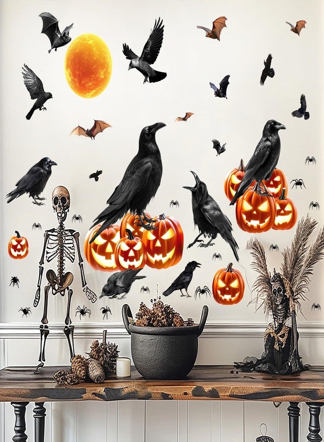Kazova Halloween Crow Wall Stickers Moon Bat Wall Window Decals Black Bats Pumpkin Raven Crow Spider Wall Decals Removable Halloween Walls Decorations Holiday Crows Window Stickers Party Supplies - Image 2
