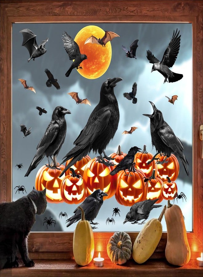 Kazova Halloween Crow Wall Stickers Moon Bat Wall Window Decals Black Bats Pumpkin Raven Crow Spider Wall Decals Removable Halloween Walls Decorations Holiday Crows Window Stickers Party Supplies - Image 3