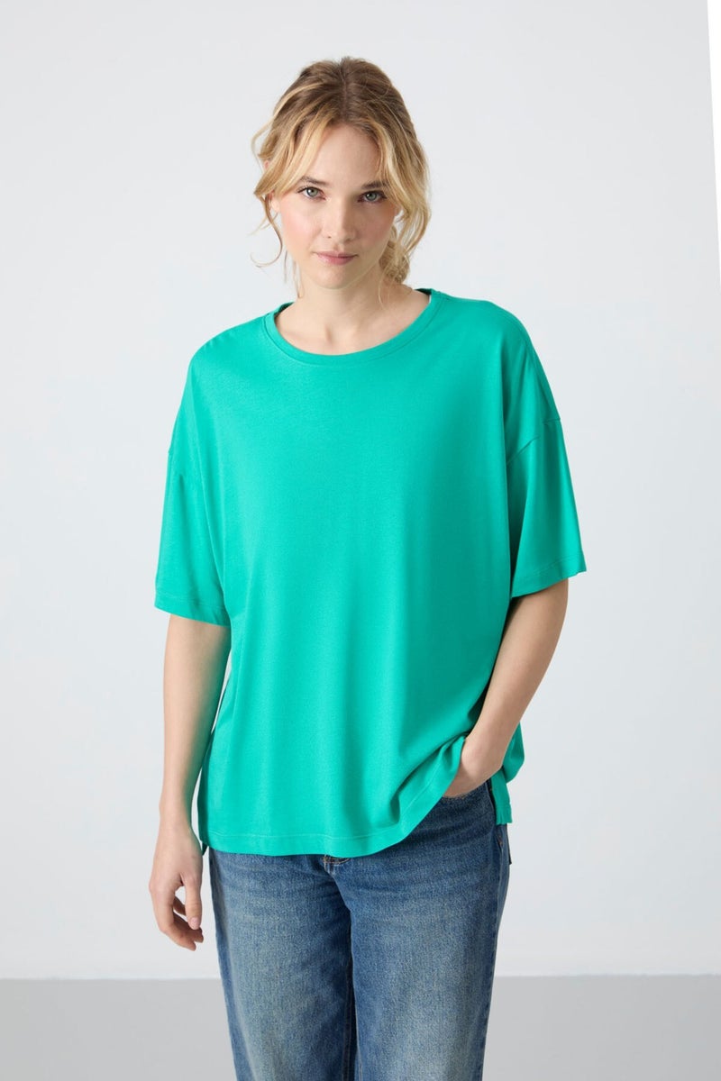 Tommy Life Sea Green Combed Modal Soft Touch Oversize Fit Basic Women's T-Shirt - 97285  - Image 5