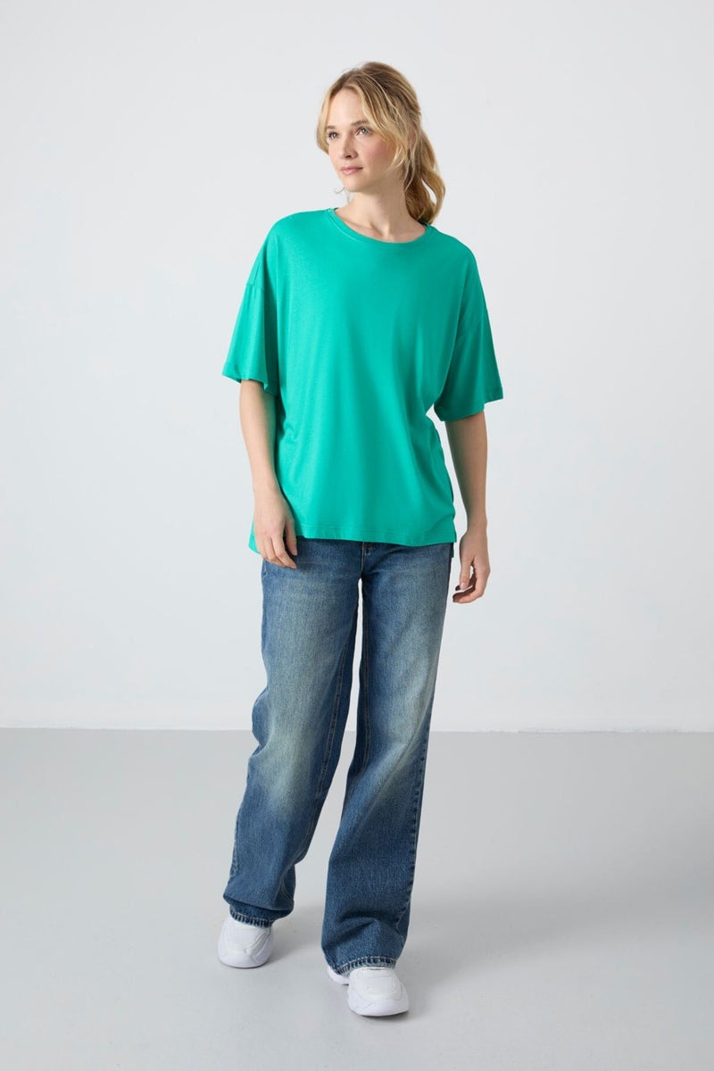 Tommy Life Sea Green Combed Modal Soft Touch Oversize Fit Basic Women's T-Shirt - 97285  - Image 2