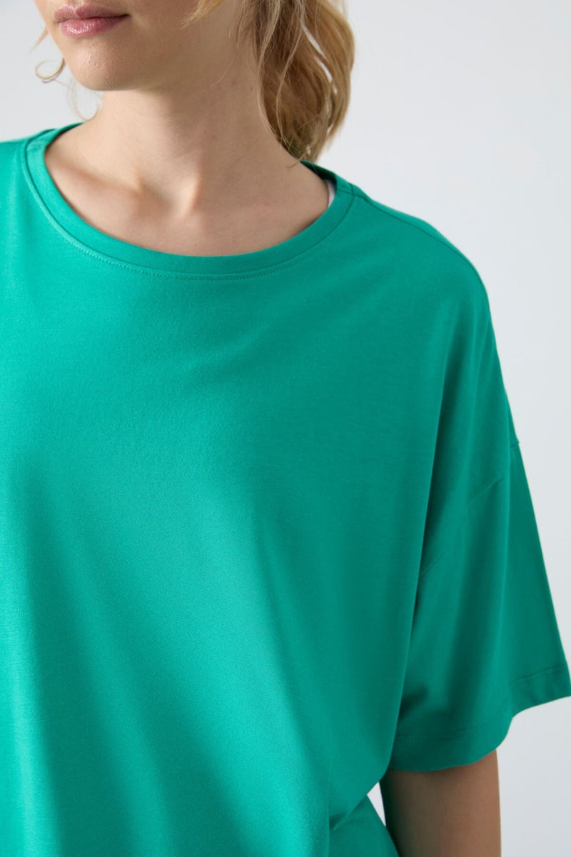 Tommy Life Sea Green Combed Modal Soft Touch Oversize Fit Basic Women's T-Shirt - 97285  - Image 3