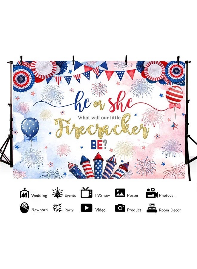 MEHOFOND 7x5ft 4th of July Gender Reveal Backdrop Independence Day He or She What Will Our Little Firecracker Be Baby Shower Photography Background Red White and Due Cake Smash Decor Photo Studio Prop - Image 1