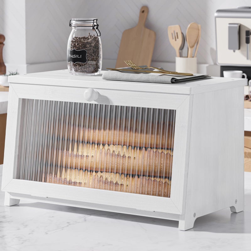 Kitsure Bread Box - Wooden Bread Box for Kitchen Countertop, Large Capacity Kitchen Countertop Organizer, Stylish Bread Storage with Window, Multi-functional Container, White, 15.0"x8.3"x9.1" (1T) - Image 1