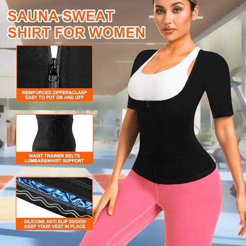 DYUAI Sauna Shirt for Women Sauna Waist Trainer for Women Sauna Suit Workout Sweat Vest Zipper Body Shaper(WBH6015-01-L) - Image 3