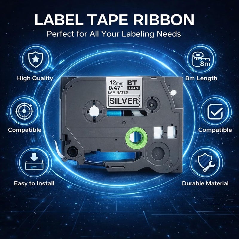 Label Tape Ribbon 12mm Black on Matte Silver, 8m for Printer Sticker Printing Paper - Clear Durable Print Quality, Abrasion, Compatible with PT - E100B PT - 970 - Image 2