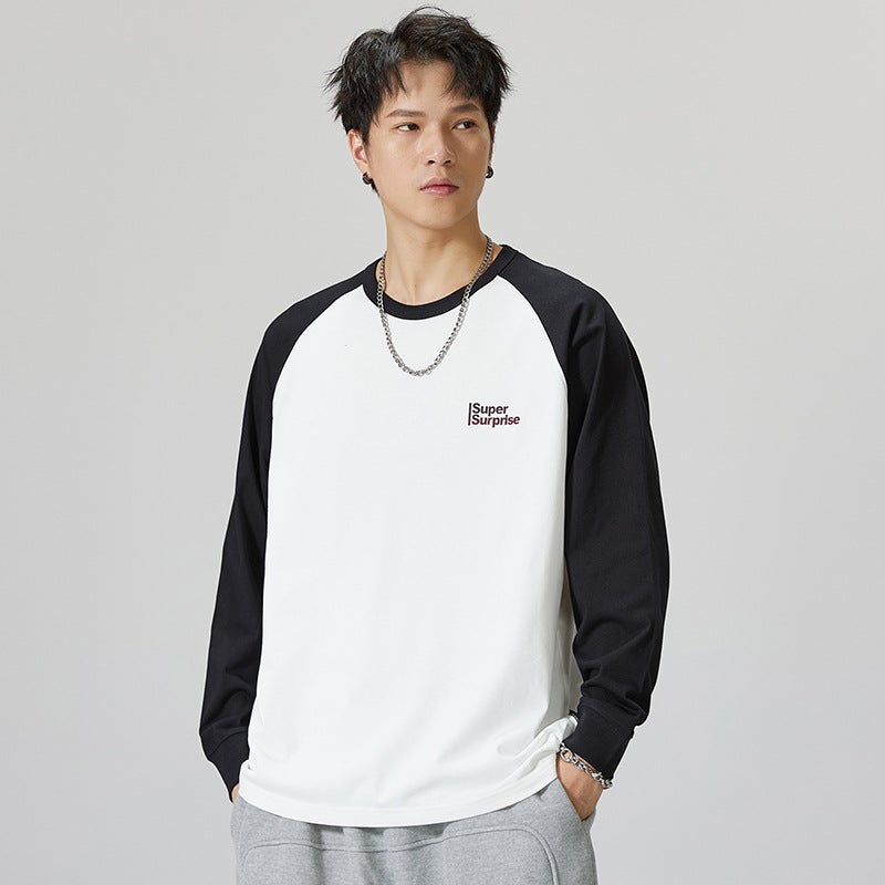 F1153 | Large size men''s autumn new blockbuster 260g horn stitching long sleeve T-shirt men''s loose round neck jacket - Image 5