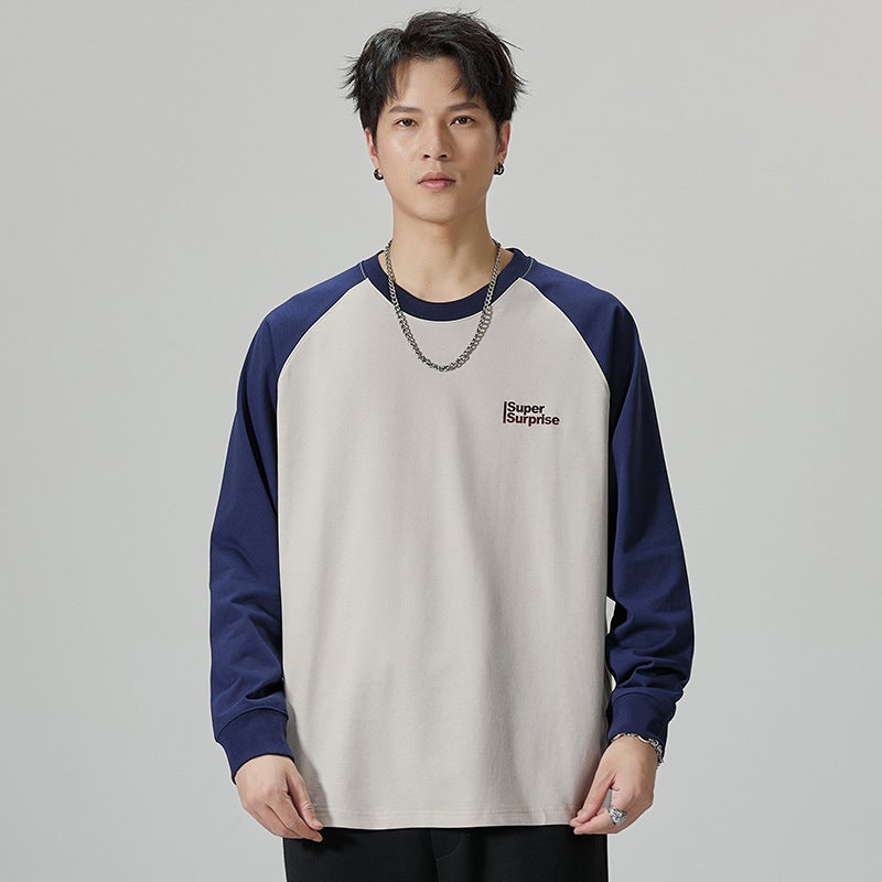 F1153 | Large size men''s autumn new blockbuster 260g horn stitching long sleeve T-shirt men''s loose round neck jacket - Image 1