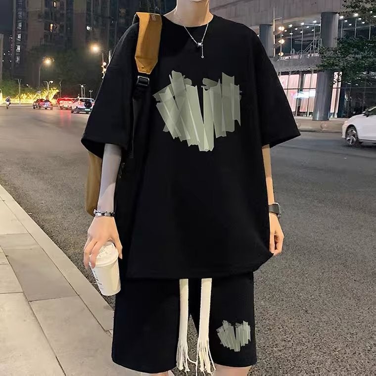 Short-sleeved T-shirt Mens Summer suit Trendy Brand Ins Loose Sports Shorts Set with Sports Basketball Two-piece Set Black - Image 2