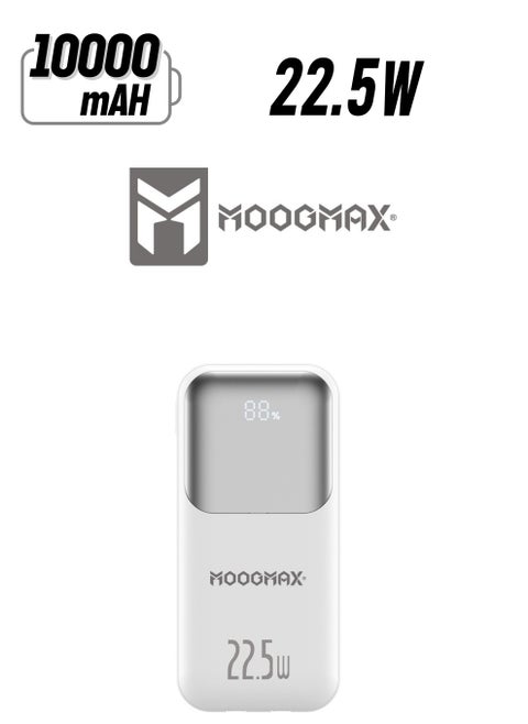 10000mAh Power bank, with a digital display screen, and 22.5W fast charging. powerbank distinguished by the smallest size in the world, and two built-in cables (Lightning & Type-C), and two charging ports.