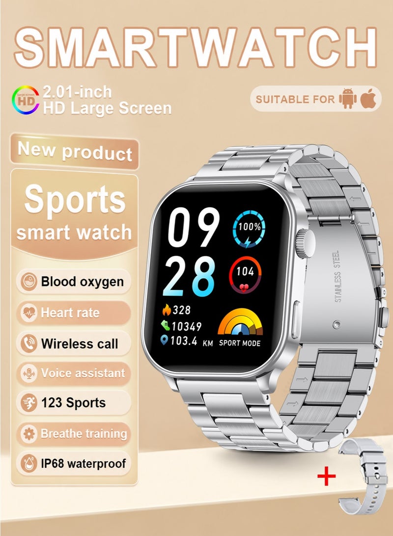 LIGE Top Brand Luxury Men's Smartwatches 2.01-Inch HD Large Screen, Zinc Alloy Case, 100+Sports Mode And Heart Rate Monitoring, 15 Days Long Standby Battery Life, IP68 Waterproof Smart Watches For Men Silver - Image 1