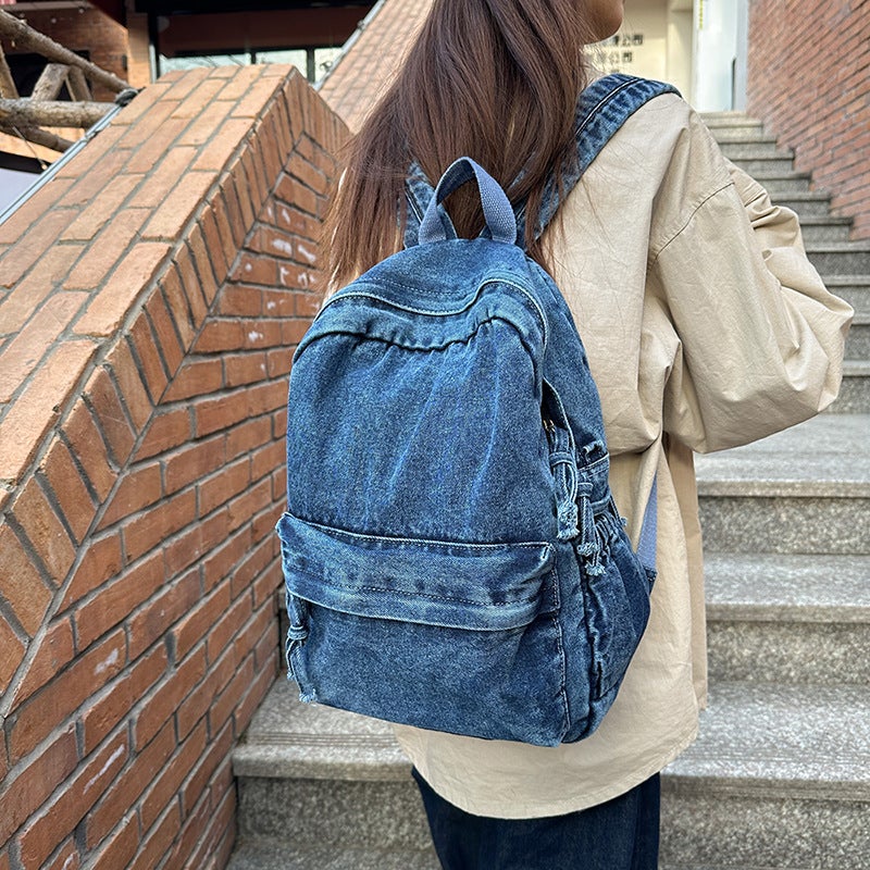 Vintage All-Match Large Capacity Denim Backpack Female Student School Bag Men'S Simple Japanese Canvas Backpack - Image 4