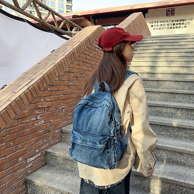 Vintage All-Match Large Capacity Denim Backpack Female Student School Bag Men'S Simple Japanese Canvas Backpack - Image 5