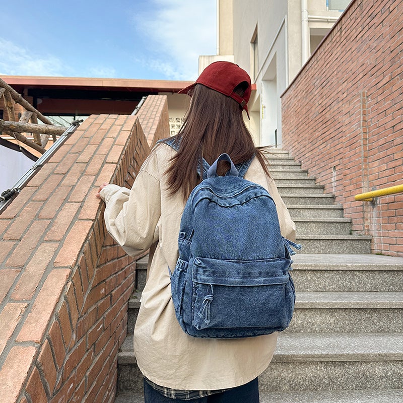 Vintage All-Match Large Capacity Denim Backpack Female Student School Bag Men'S Simple Japanese Canvas Backpack - Image 3