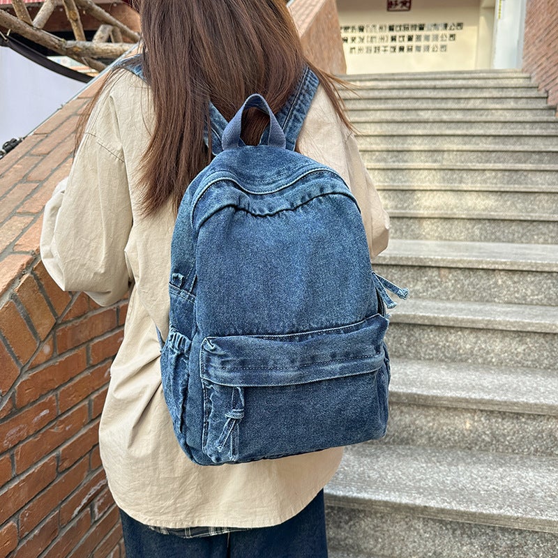 Vintage All-Match Large Capacity Denim Backpack Female Student School Bag Men'S Simple Japanese Canvas Backpack - Image 2