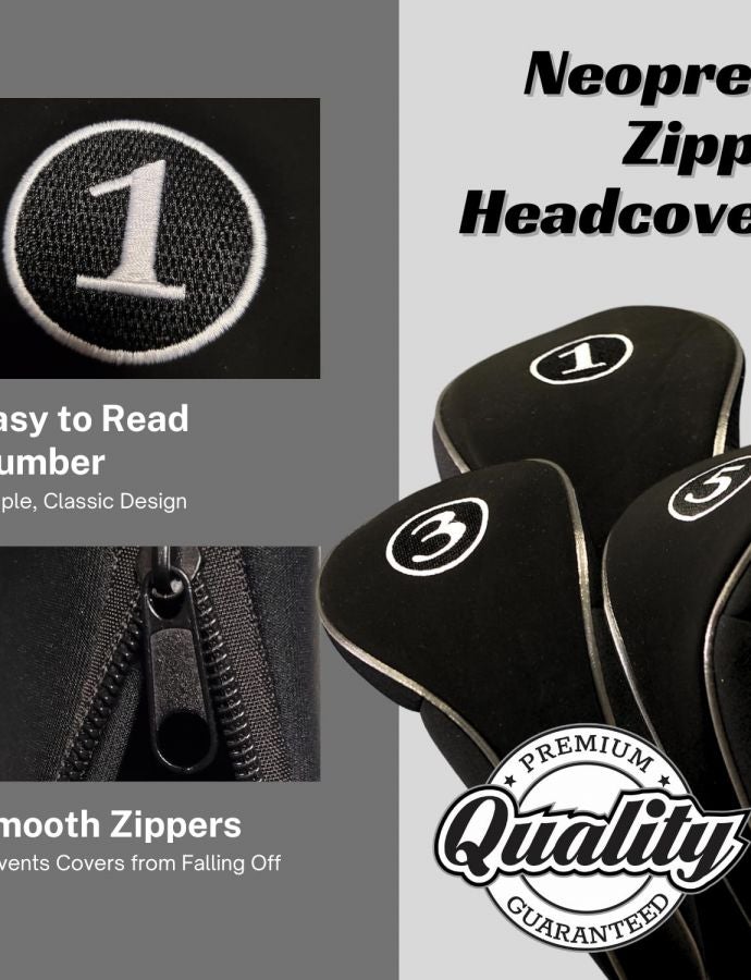 Black Golf Zipper Head Covers Driver 1 3 5 Fairway Woods Headcovers Metal Neoprene Traditional Plain Protective Covers Fits All Fairway Clubs and Drivers up to 460cc