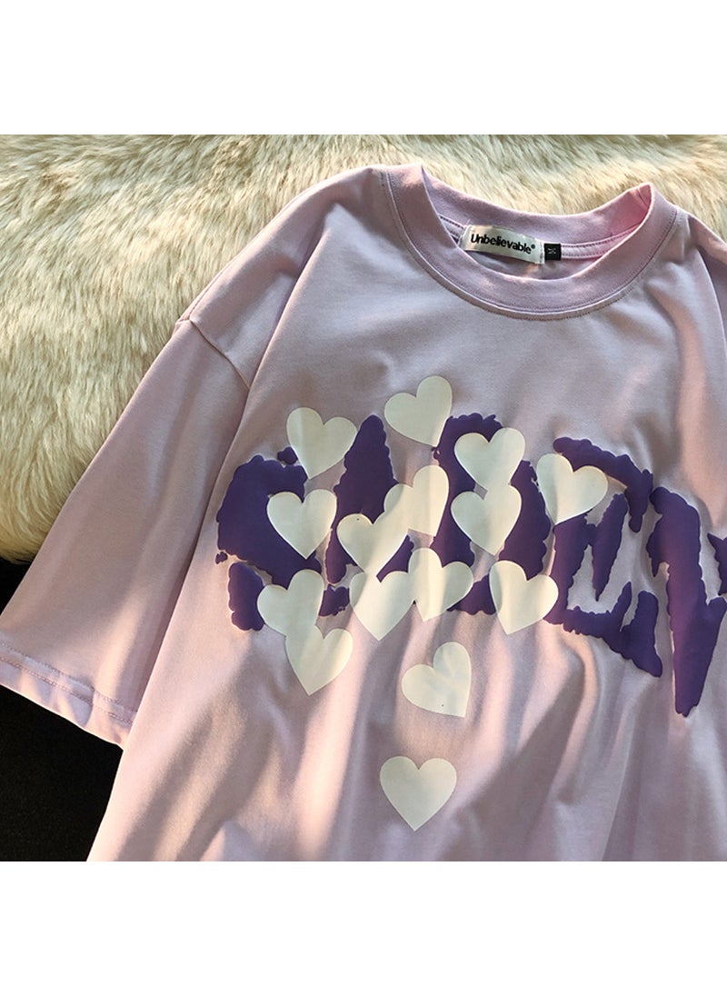Generic - Love Foaming 3D Print Loose Tee Summer Korean Couple Womens Top White - Image 1