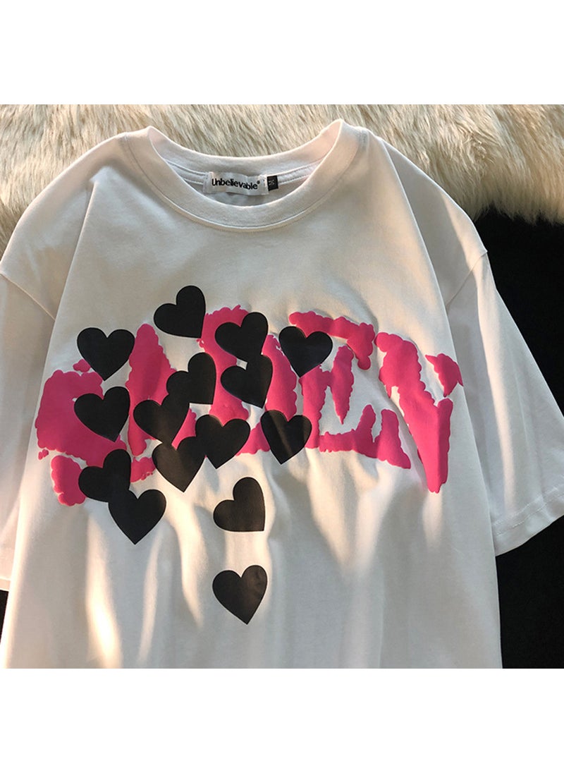 Generic - Love Foaming 3D Print Loose Tee Summer Korean Couple Womens Top White - Image 1