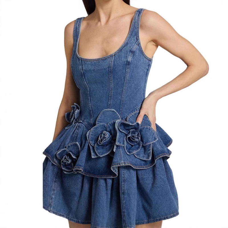 Sweet Denim Floral Double-Layer Slimming Camisole Dress - Image 2