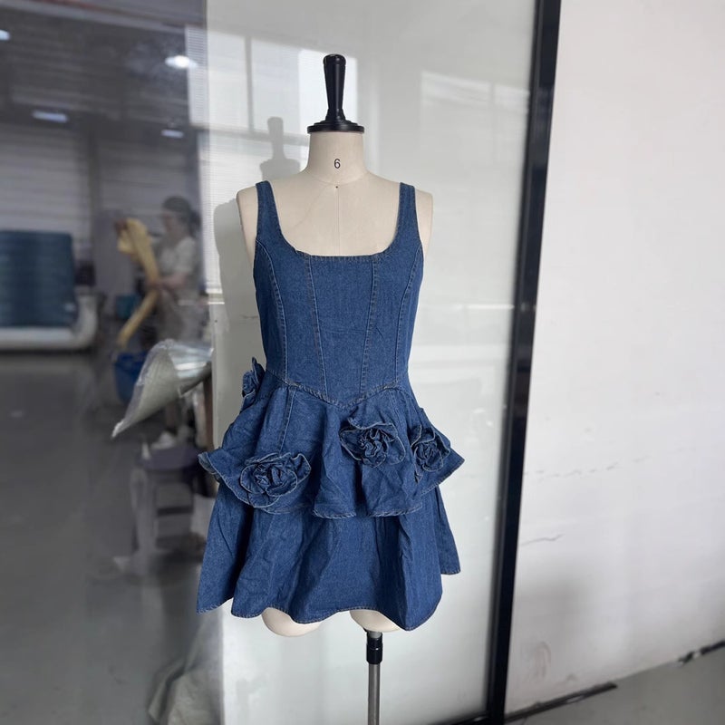 Sweet Denim Floral Double-Layer Slimming Camisole Dress - Image 4