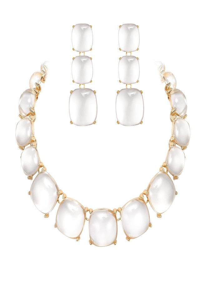 BriLove Fashion Stylish Beaded Statement Necklace Dangle Earrings Jewelry Set for Women Costume Christmas Party Prom Clear Gold-Tone - Image 1