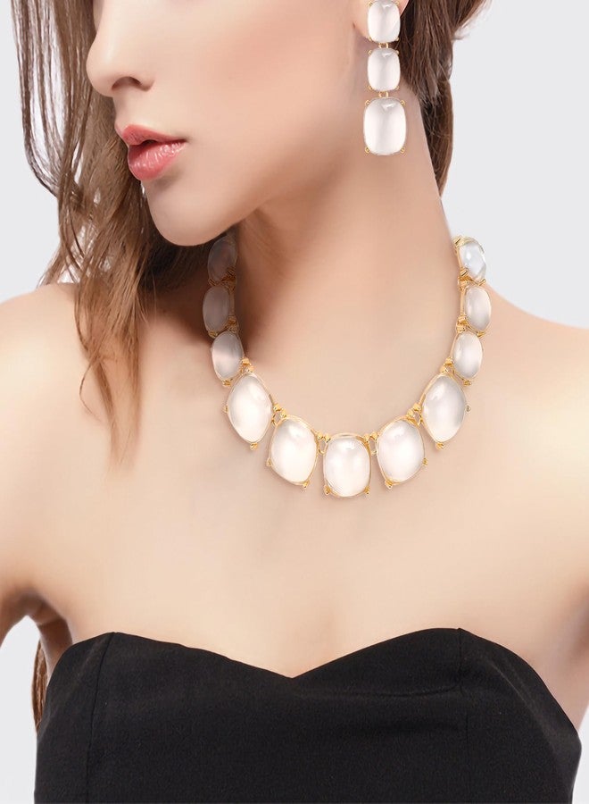 BriLove Fashion Stylish Beaded Statement Necklace Dangle Earrings Jewelry Set for Women Costume Christmas Party Prom Clear Gold-Tone - Image 2