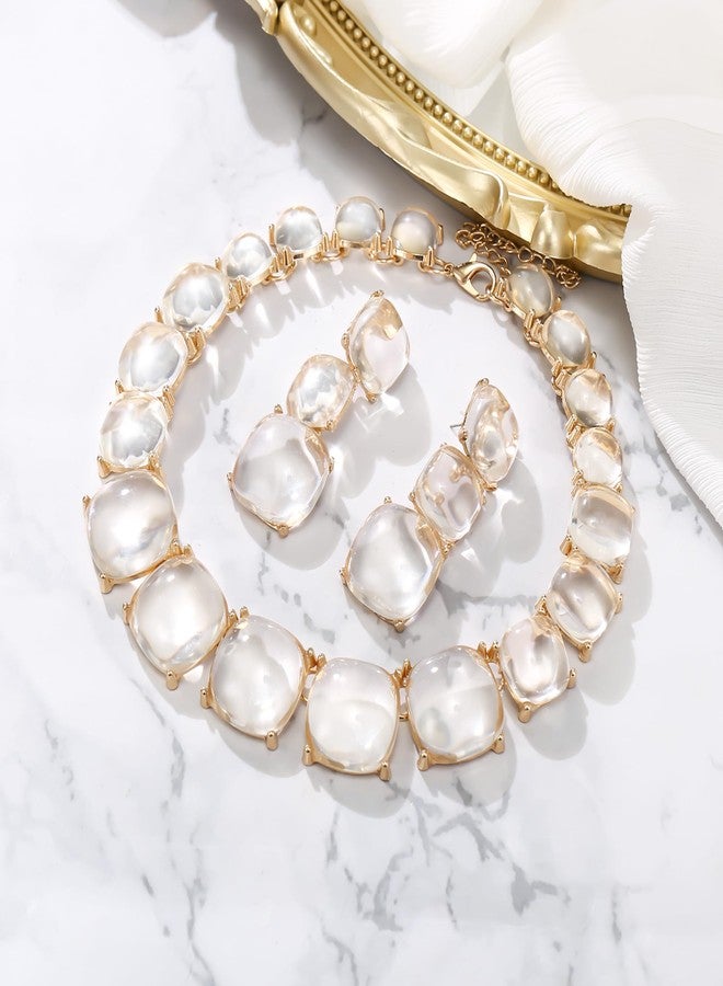 BriLove Fashion Stylish Beaded Statement Necklace Dangle Earrings Jewelry Set for Women Costume Christmas Party Prom Clear Gold-Tone - Image 3
