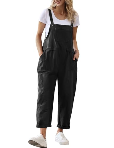 YESNO Women Long Casual Loose Bib Pants Overalls Baggy Rompers Jumpsuits with Pockets (3XL PV9 Black) - Image 1