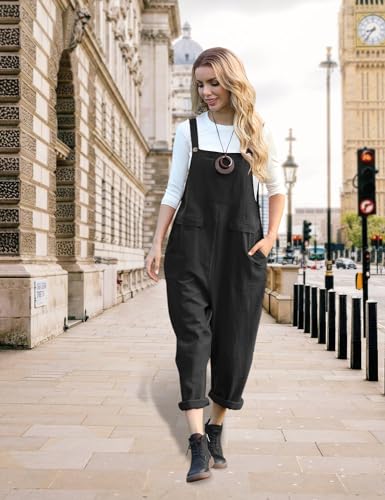 YESNO Women Long Casual Loose Bib Pants Overalls Baggy Rompers Jumpsuits with Pockets (3XL PV9 Black) - Image 3