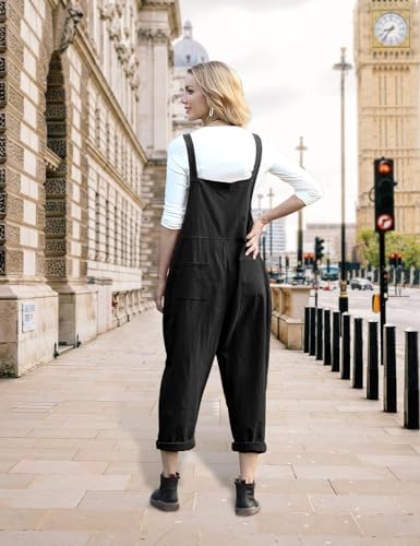 YESNO Women Long Casual Loose Bib Pants Overalls Baggy Rompers Jumpsuits with Pockets (3XL PV9 Black) - Image 4