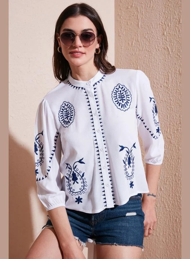Lela Lela Embroidered Three Quarter Sleeve Judge Collar Cotton Şile Cloth Shirt Women's SHIRT 611BZ0044