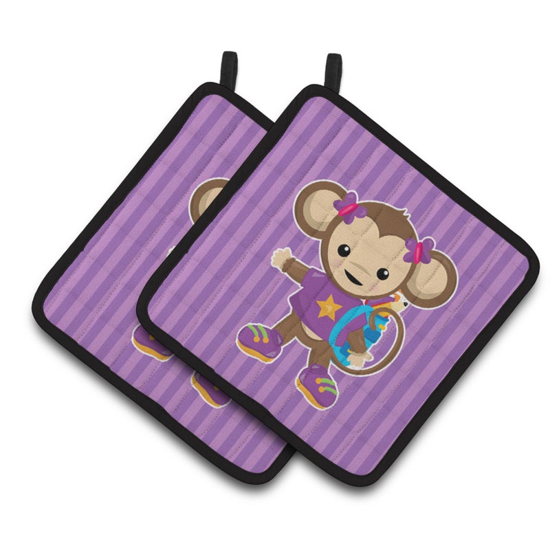 Caroline's Treasures ""Caroline's Treasures Monkey with Backpack Pair of Pot Holders  7.5 x 7.5  Multicolor"" 