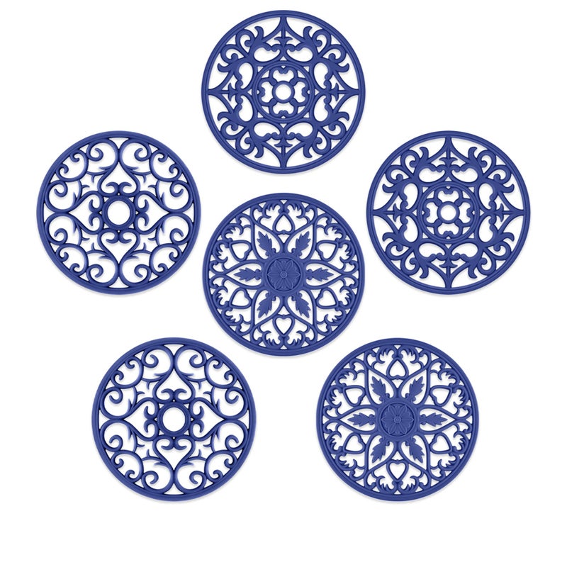 SMARTAKE SMARTAKE 6 Set Silicone Trivet Mats MultiUse Carved Trivet Mat Insulated NonSlip Durable Kitchen Mats Flexible Modern Kitchen Table Mat for Hot Dishes Pots Dining Countertop Navy Blue 