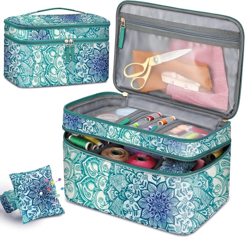 FINPAC Sewing Accessories Storage and Organizer Case, Double-Layer Sewing Kits Carrying Bag with Wrist Pin Cushion for Threads, Needles, Embroidery Floss Supplies, Felting Kits (Emerald Illusions) - Image 1